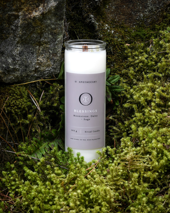 Hand poured Blessing Ritual Candle by O Apothecary with Moonstone, Daisy & Sage