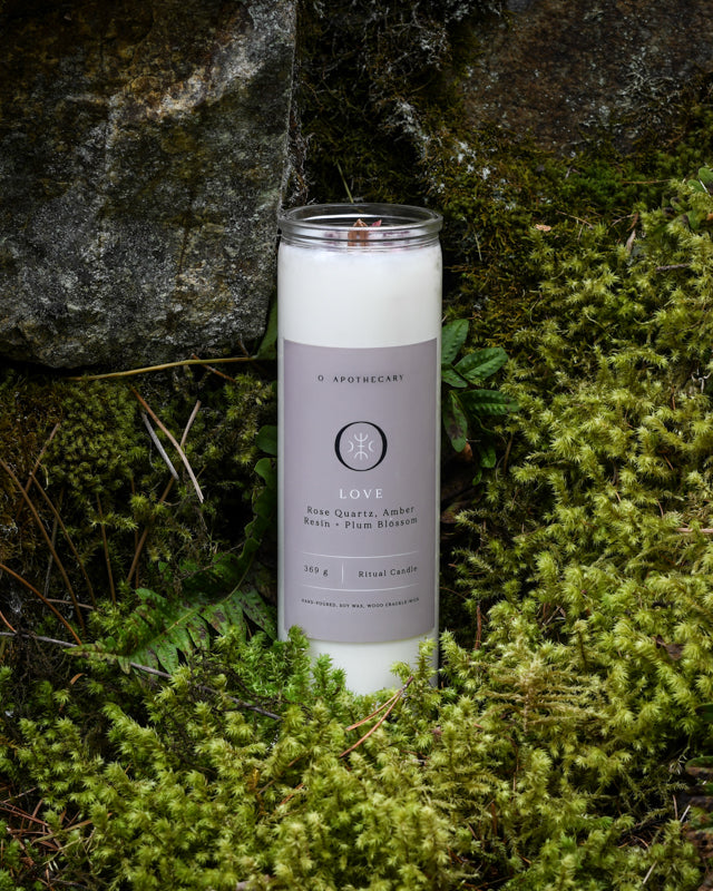 Hand poured Love ritual candle made with Rose Quartz, Amber Resin, and Plum Blossom by O Apothecary