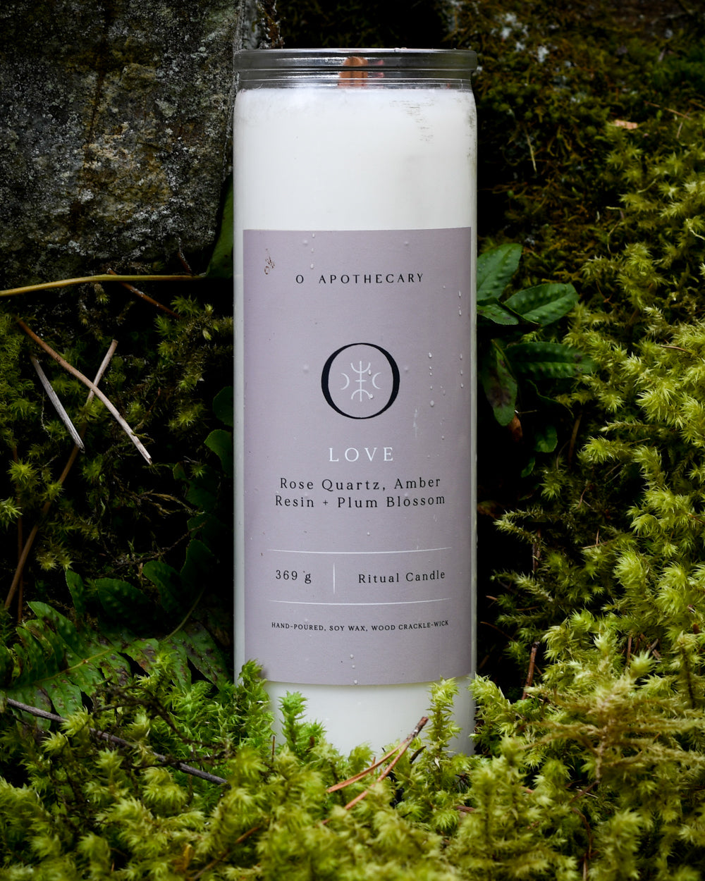 Hand poured Love ritual candle made with Rose Quartz, Amber Resin, and Plum Blossom by O Apothecary