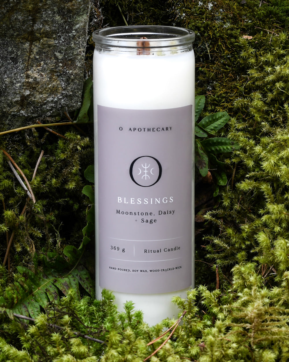 Hand poured Blessing Ritual Candle by O Apothecary with Moonstone, Daisy & Sage
