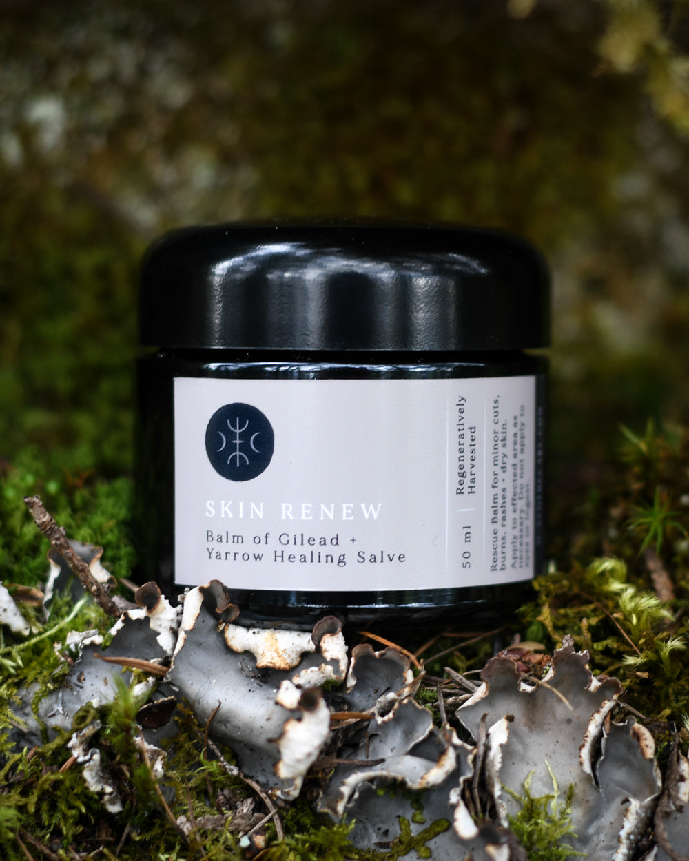 Regeneratively harvested skin renew healing salve resting in moss by O Apothecary