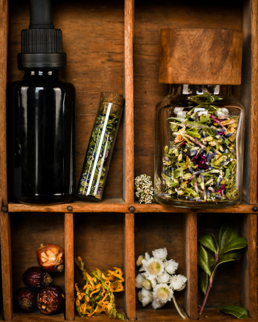 Tinctures and herbs placed in an old apothecary cabinet