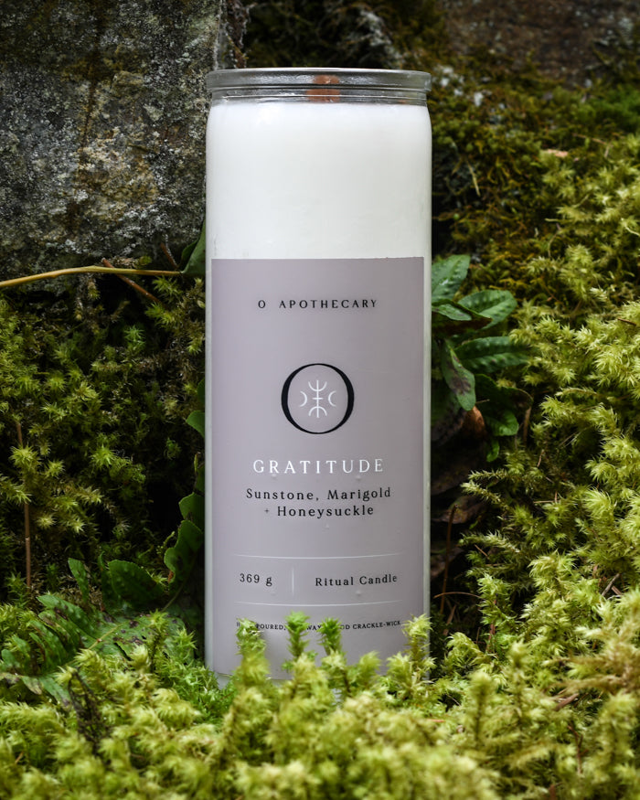 Gratitude Ritual Candle with Sunstone, Marigold & Honeysuckle hand poured by O Apothecary