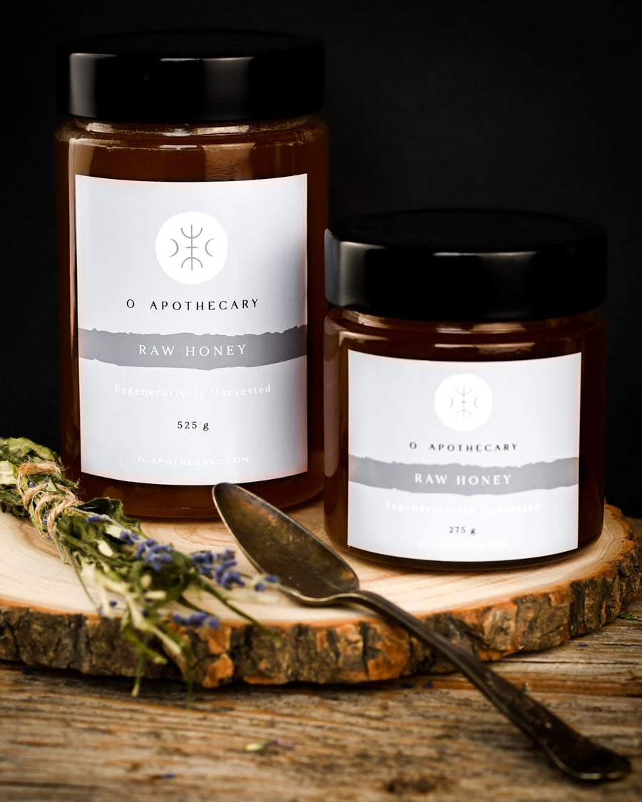 Product image of the two sizes of Raw Honey regeneratively harvested by O Apothecary